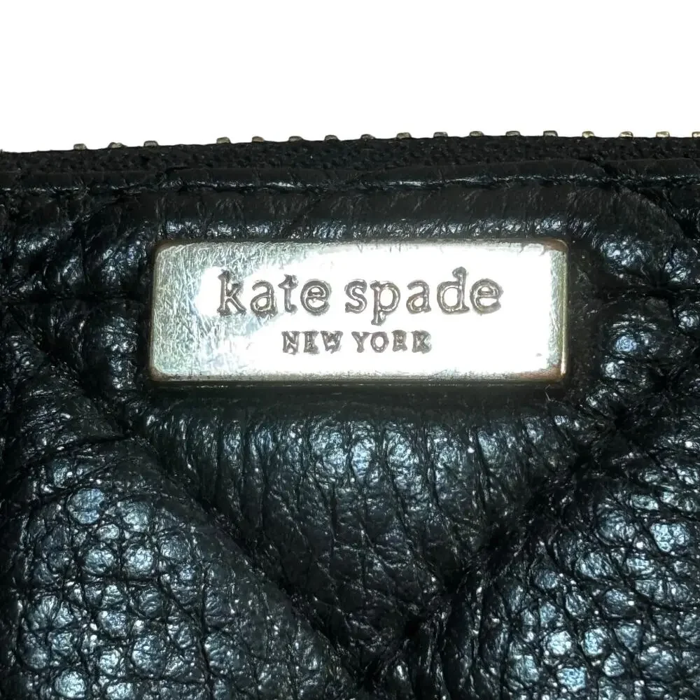 Kate spade black quilted leather wallet zip top clutch purse gold tone hardware